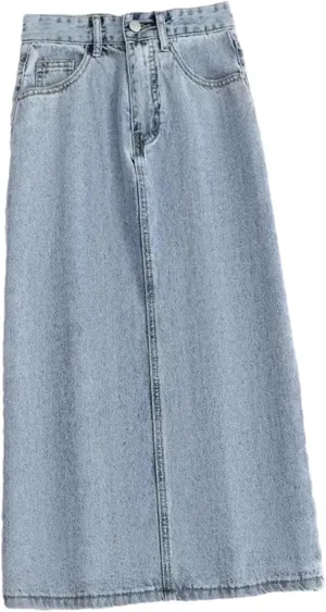 Women Denim Skirt Summer A Line High Waist Loose Split Hem Blue Chic Casual Jean Midi Skirt Streetwear