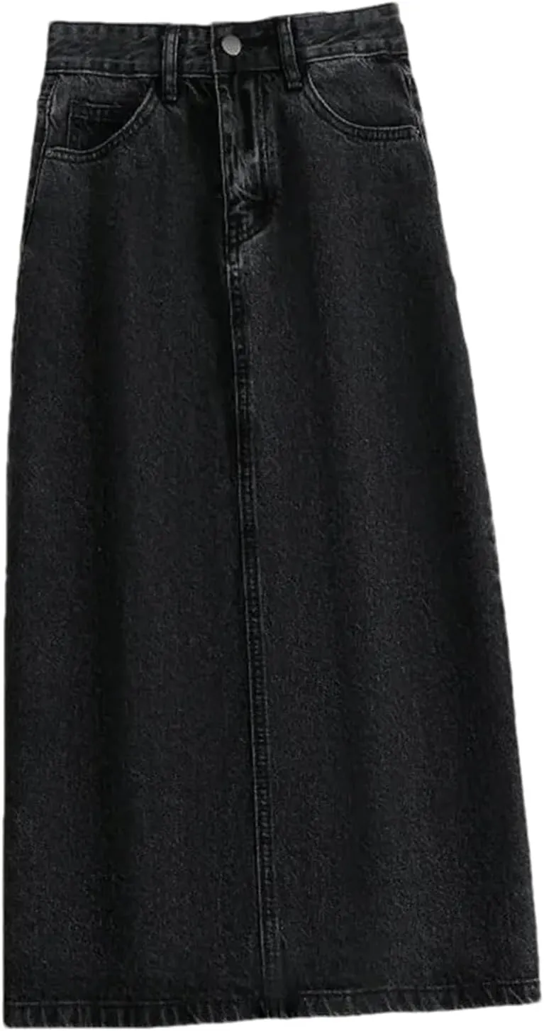 Women Denim Skirt Summer A Line High Waist Loose Split Hem Blue Chic Casual Jean Midi Skirt Streetwear