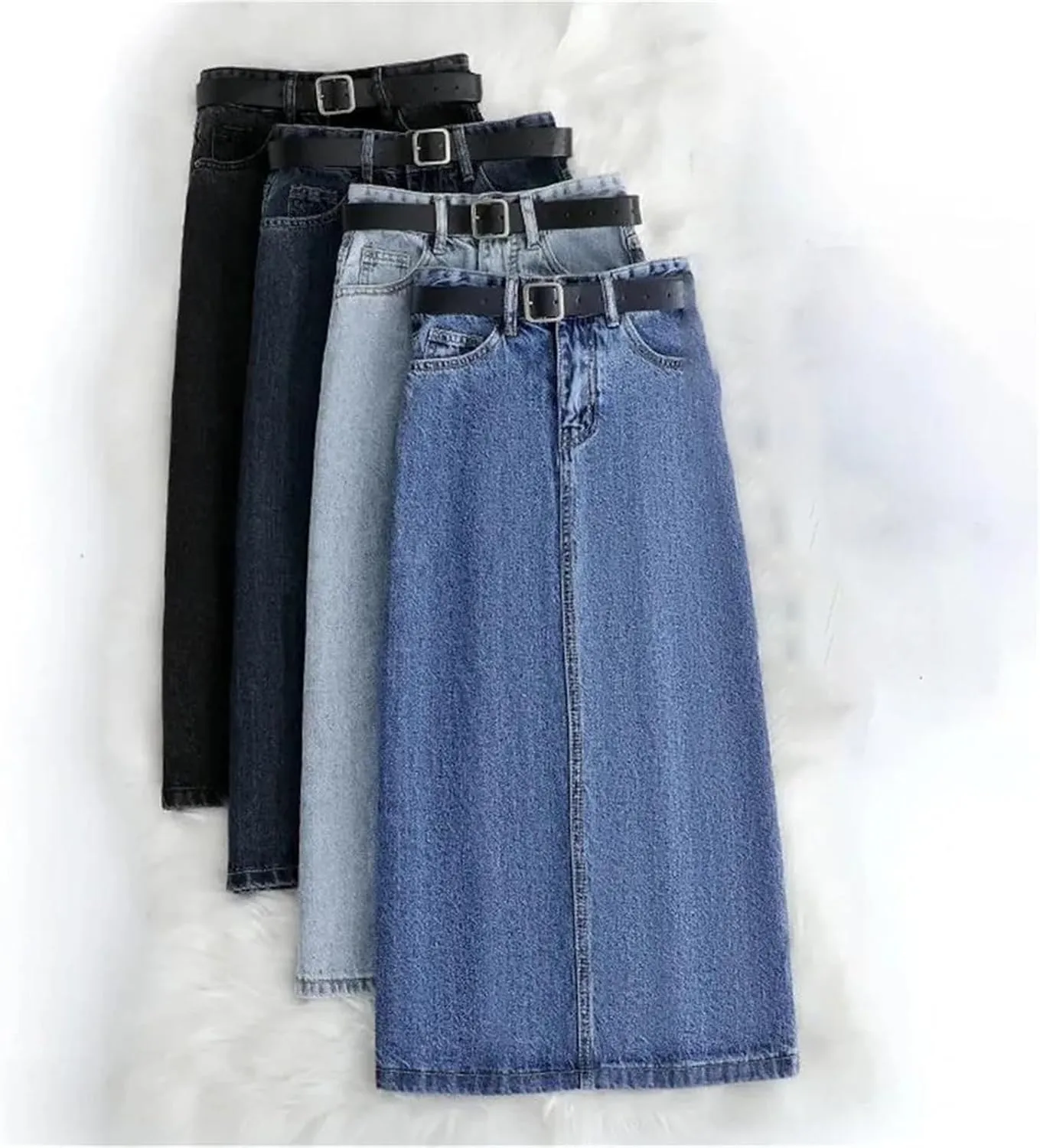 Women Denim Skirt Summer A Line High Waist Loose Split Hem Blue Chic Casual Jean Midi Skirt Streetwear