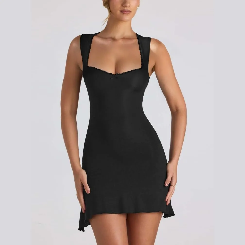 Women Elegant Square Neck Lace Patchwork Bustier Short Dress Sleeveless Dressy Solid Bodycon Mini Dress Clubwear