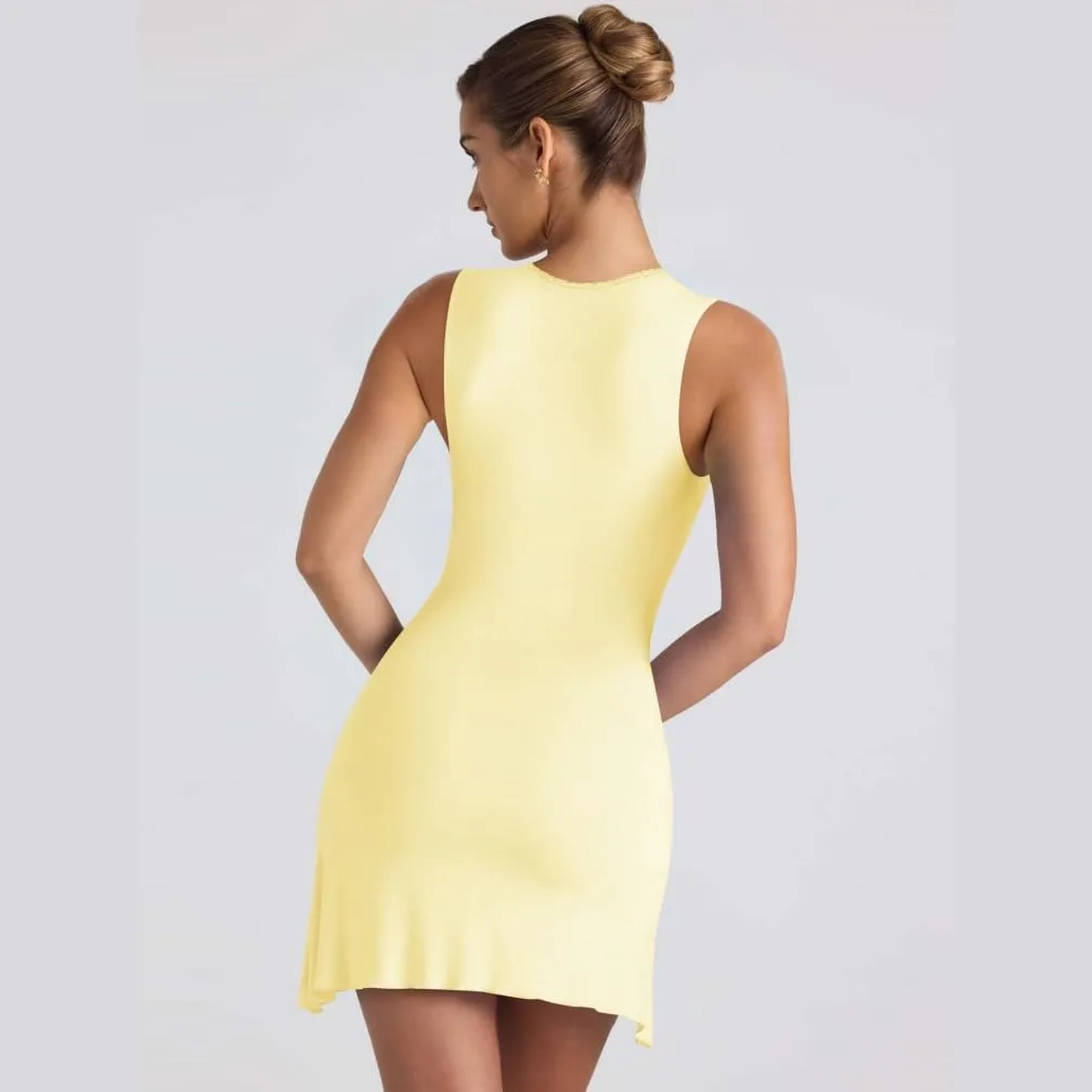 Women Elegant Square Neck Lace Patchwork Bustier Short Dress Sleeveless Dressy Solid Bodycon Mini Dress Clubwear