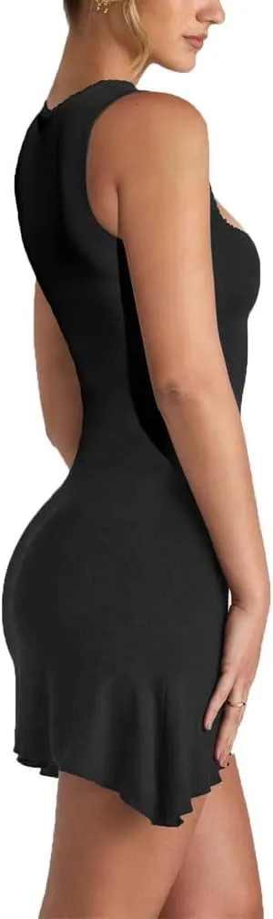 Women Elegant Square Neck Lace Patchwork Bustier Short Dress Sleeveless Dressy Solid Bodycon Mini Dress Clubwear