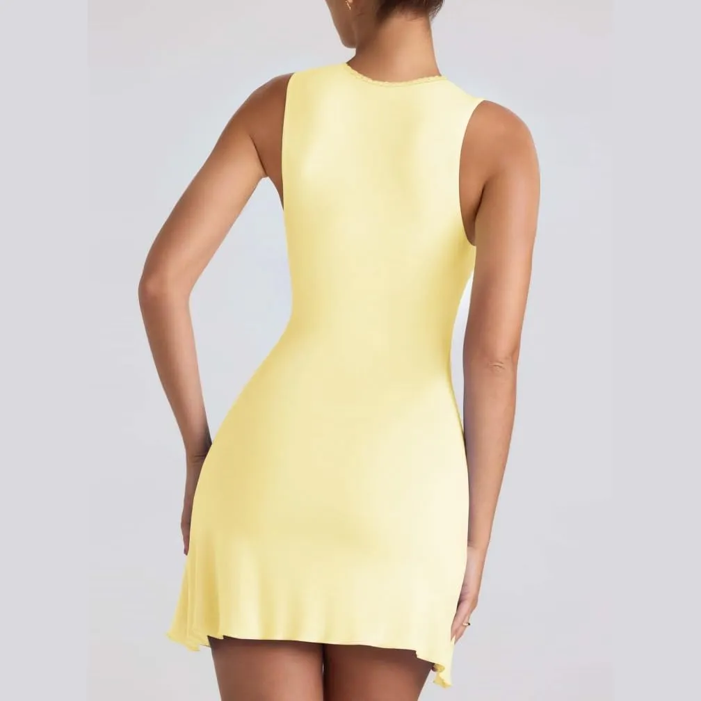 Women Elegant Square Neck Lace Patchwork Bustier Short Dress Sleeveless Dressy Solid Bodycon Mini Dress Clubwear