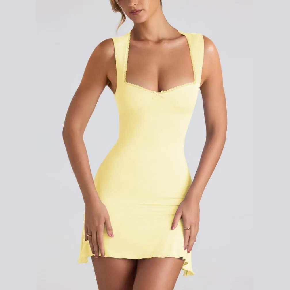 Women Elegant Square Neck Lace Patchwork Bustier Short Dress Sleeveless Dressy Solid Bodycon Mini Dress Clubwear