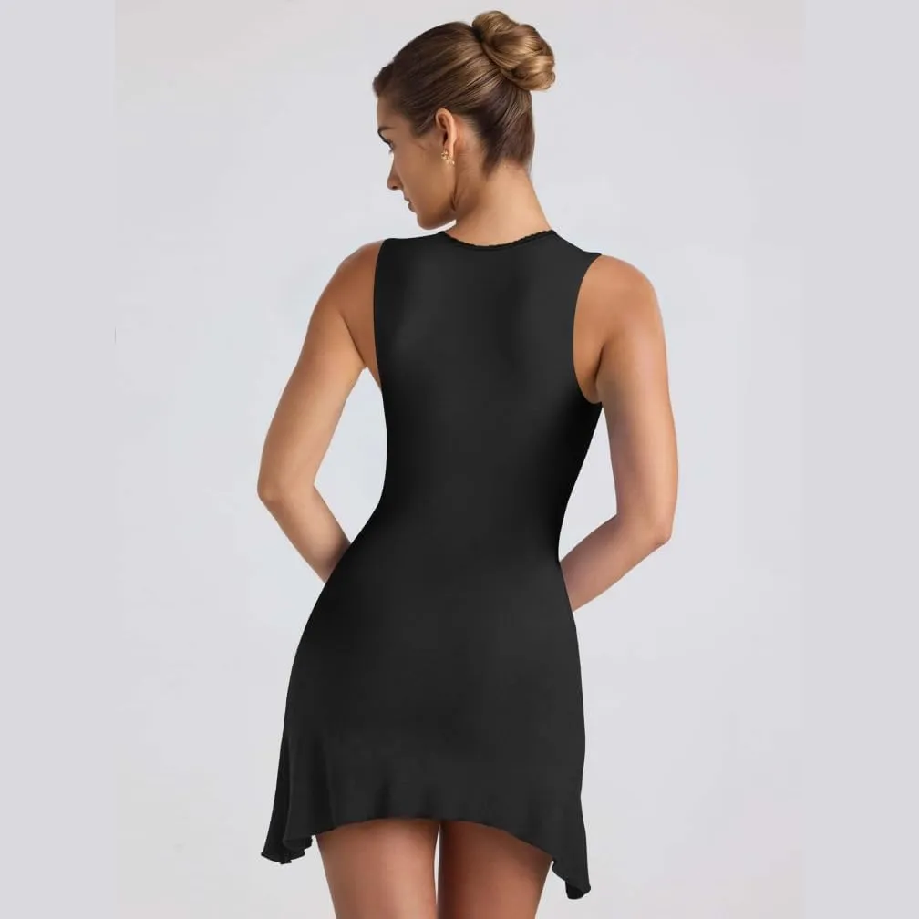 Women Elegant Square Neck Lace Patchwork Bustier Short Dress Sleeveless Dressy Solid Bodycon Mini Dress Clubwear