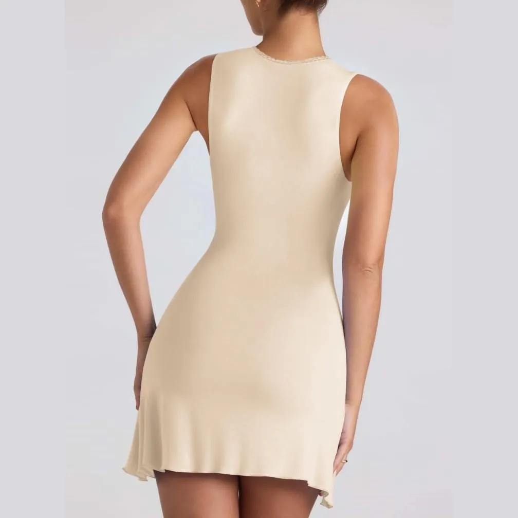 Women Elegant Square Neck Lace Patchwork Bustier Short Dress Sleeveless Dressy Solid Bodycon Mini Dress Clubwear