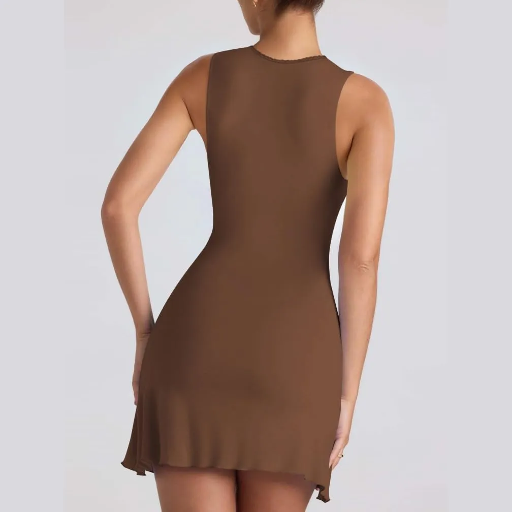 Women Elegant Square Neck Lace Patchwork Bustier Short Dress Sleeveless Dressy Solid Bodycon Mini Dress Clubwear