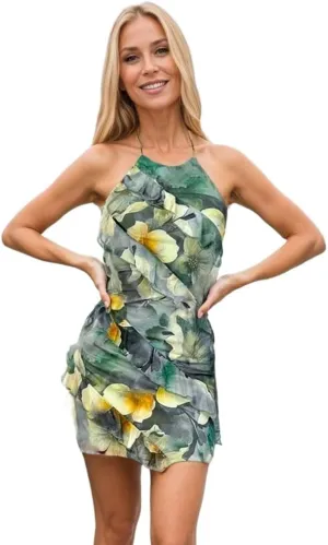 Women Floral Spaghetti Strap Dress Ruffle Halter Tie Mini Dress Sexy Backless Skirt for Seabeach Traveling Vacation