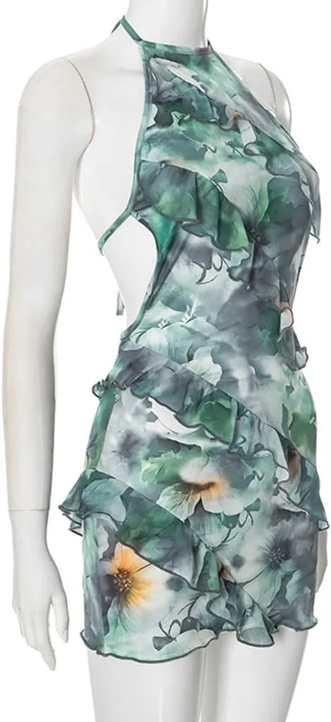Women Floral Spaghetti Strap Dress Ruffle Halter Tie Mini Dress Sexy Backless Skirt for Seabeach Traveling Vacation