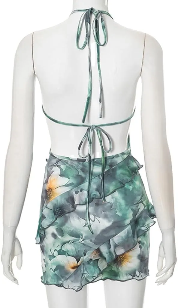 Women Floral Spaghetti Strap Dress Ruffle Halter Tie Mini Dress Sexy Backless Skirt for Seabeach Traveling Vacation