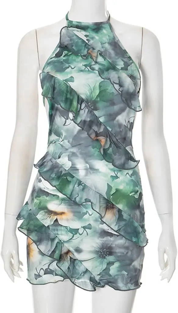 Women Floral Spaghetti Strap Dress Ruffle Halter Tie Mini Dress Sexy Backless Skirt for Seabeach Traveling Vacation