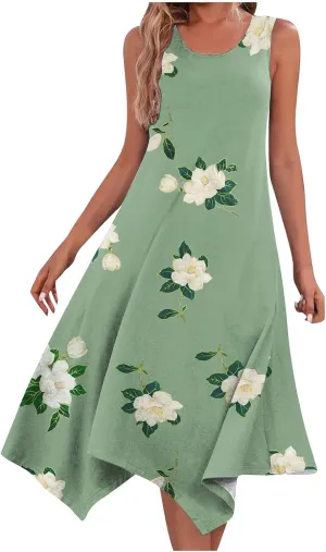 Women Flowy Dresses Casual Knee Length Plus Size Sun Dress Casual Beach Floral Vacation Dresses 2024 with Procket