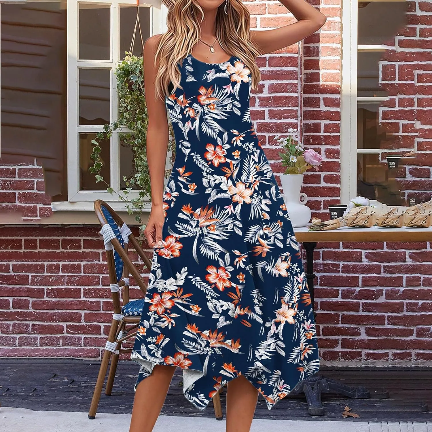 Women Flowy Dresses Casual Knee Length Plus Size Sun Dress Casual Beach Floral Vacation Dresses 2024 with Procket
