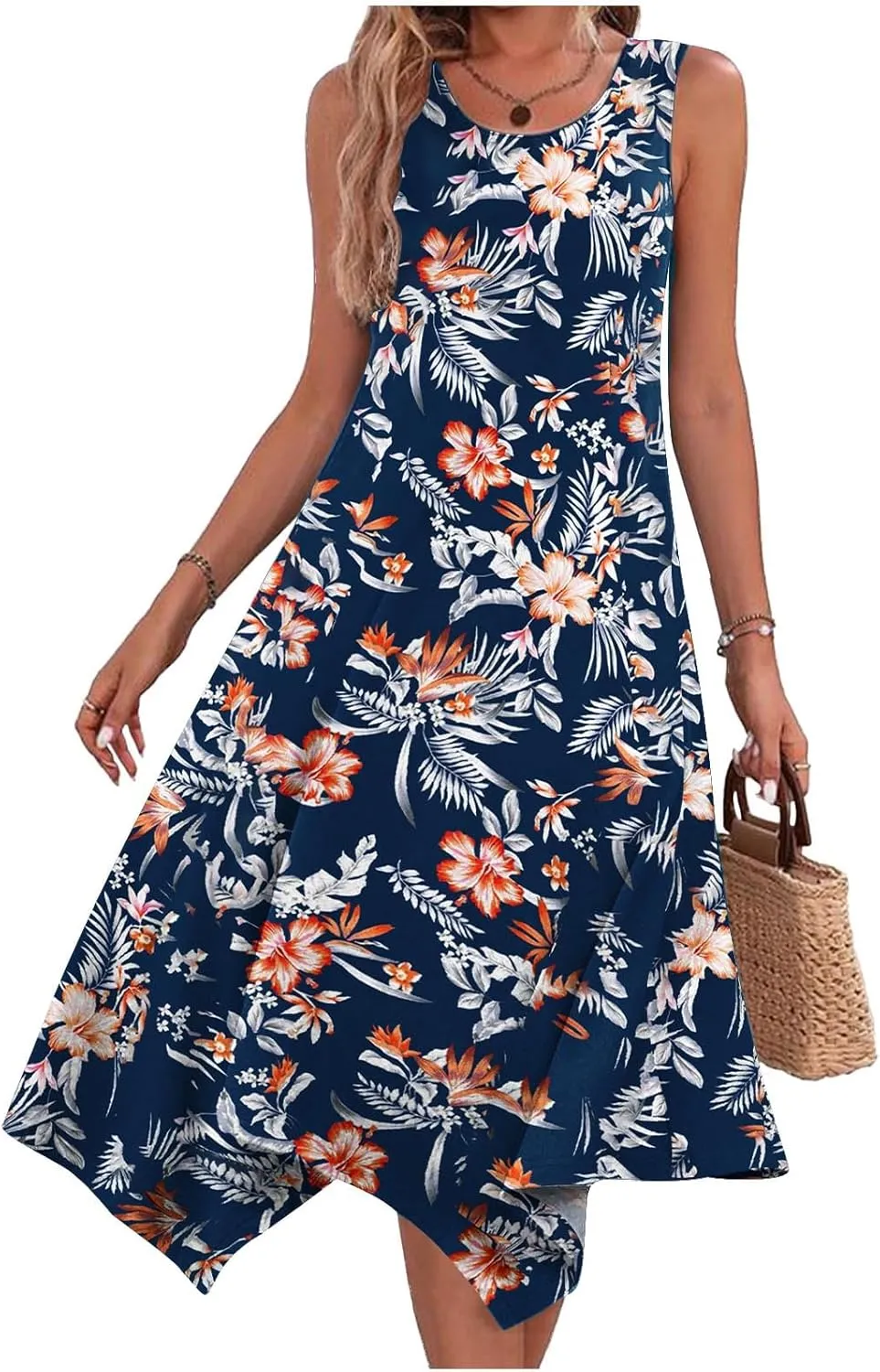 Women Flowy Dresses Casual Knee Length Plus Size Sun Dress Casual Beach Floral Vacation Dresses 2024 with Procket