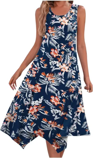 Women Flowy Dresses Casual Knee Length Plus Size Sun Dress Casual Beach Floral Vacation Dresses 2024 with Procket