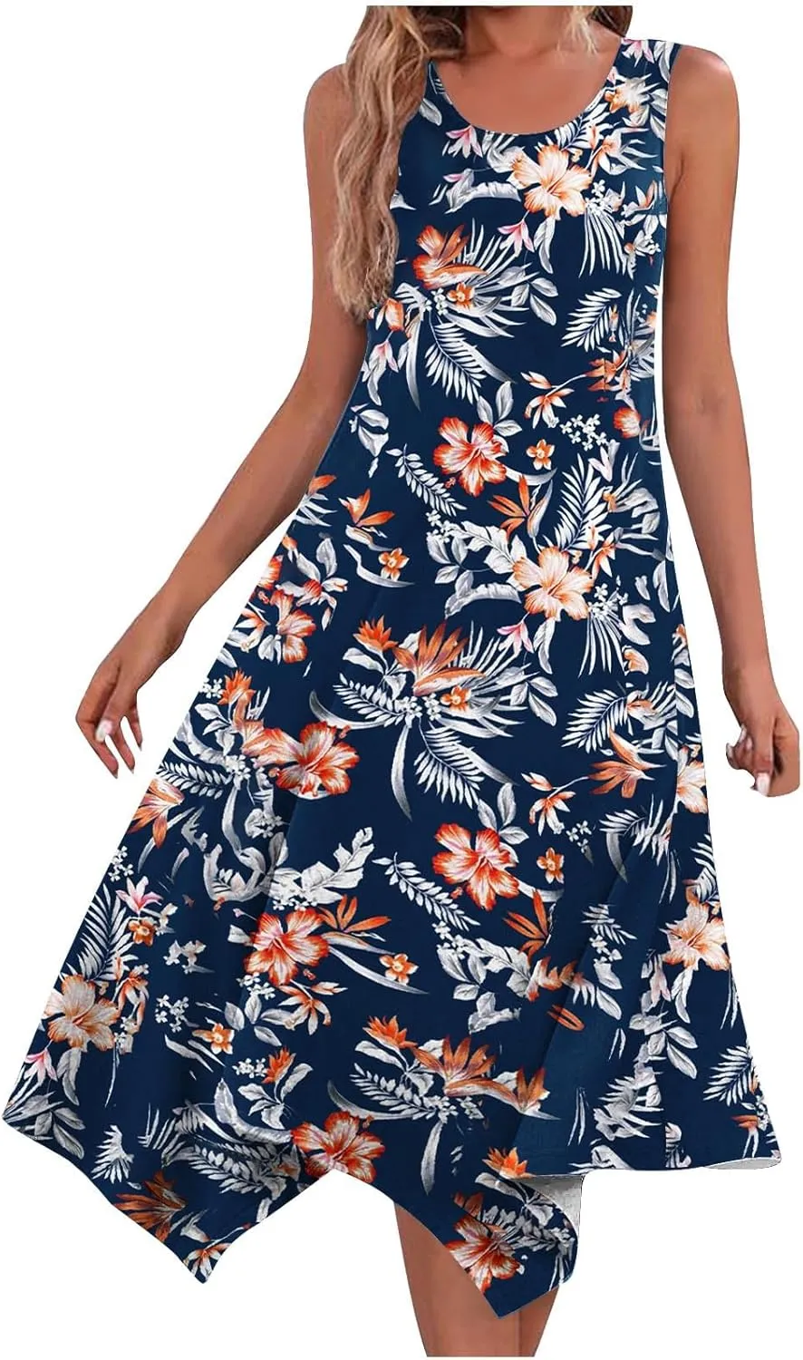 Women Flowy Dresses Casual Knee Length Plus Size Sun Dress Casual Beach Floral Vacation Dresses 2024 with Procket