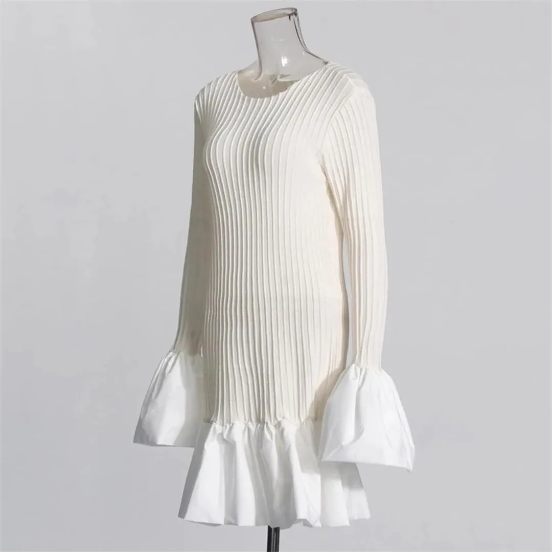 Women Round Solid Dresses Neck Puff Sleeve High Waist Patchwork Ruffles Mini Dress