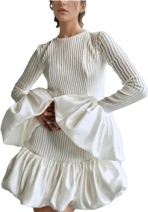 Women Round Solid Dresses Neck Puff Sleeve High Waist Patchwork Ruffles Mini Dress