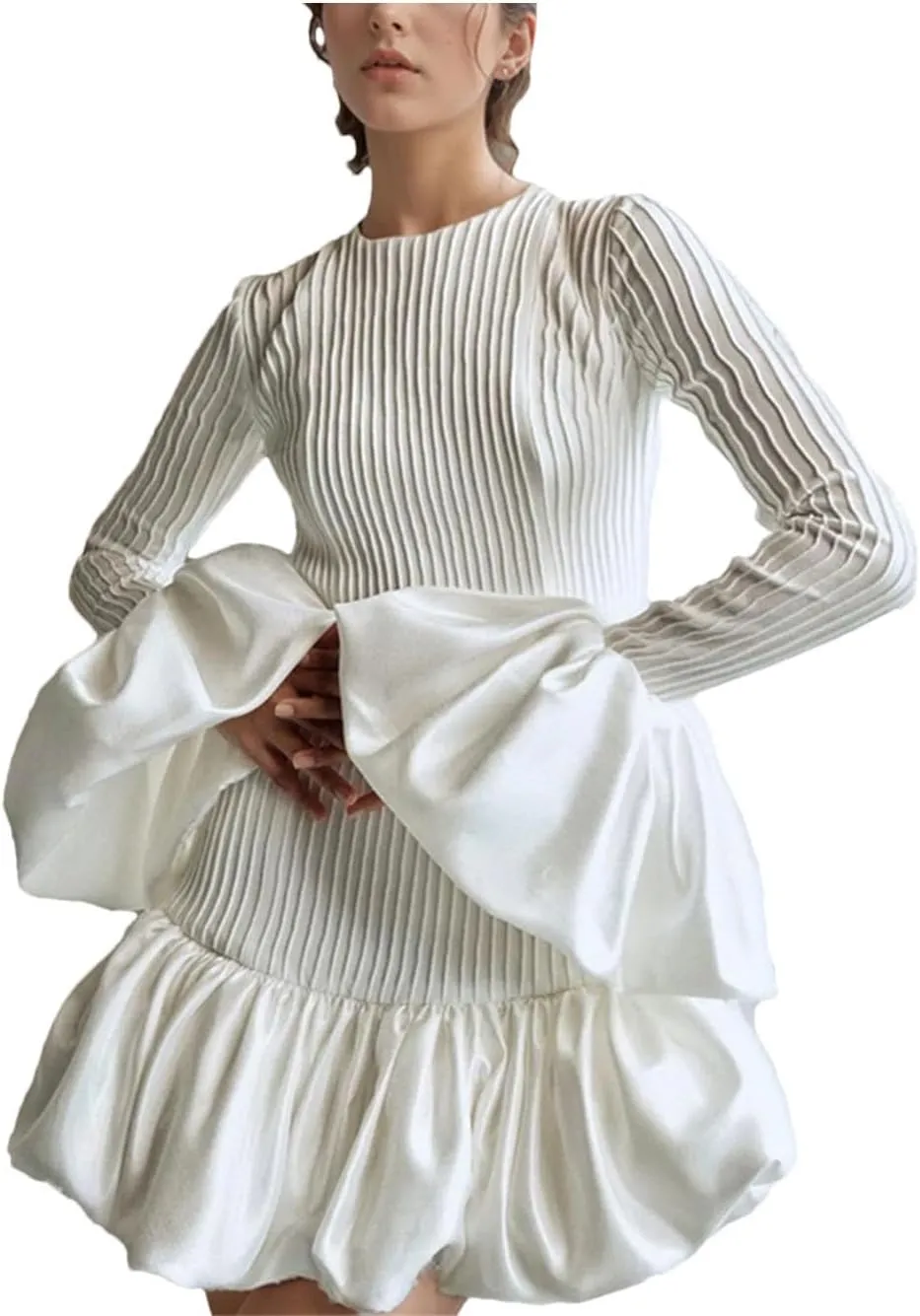 Women Round Solid Dresses Neck Puff Sleeve High Waist Patchwork Ruffles Mini Dress