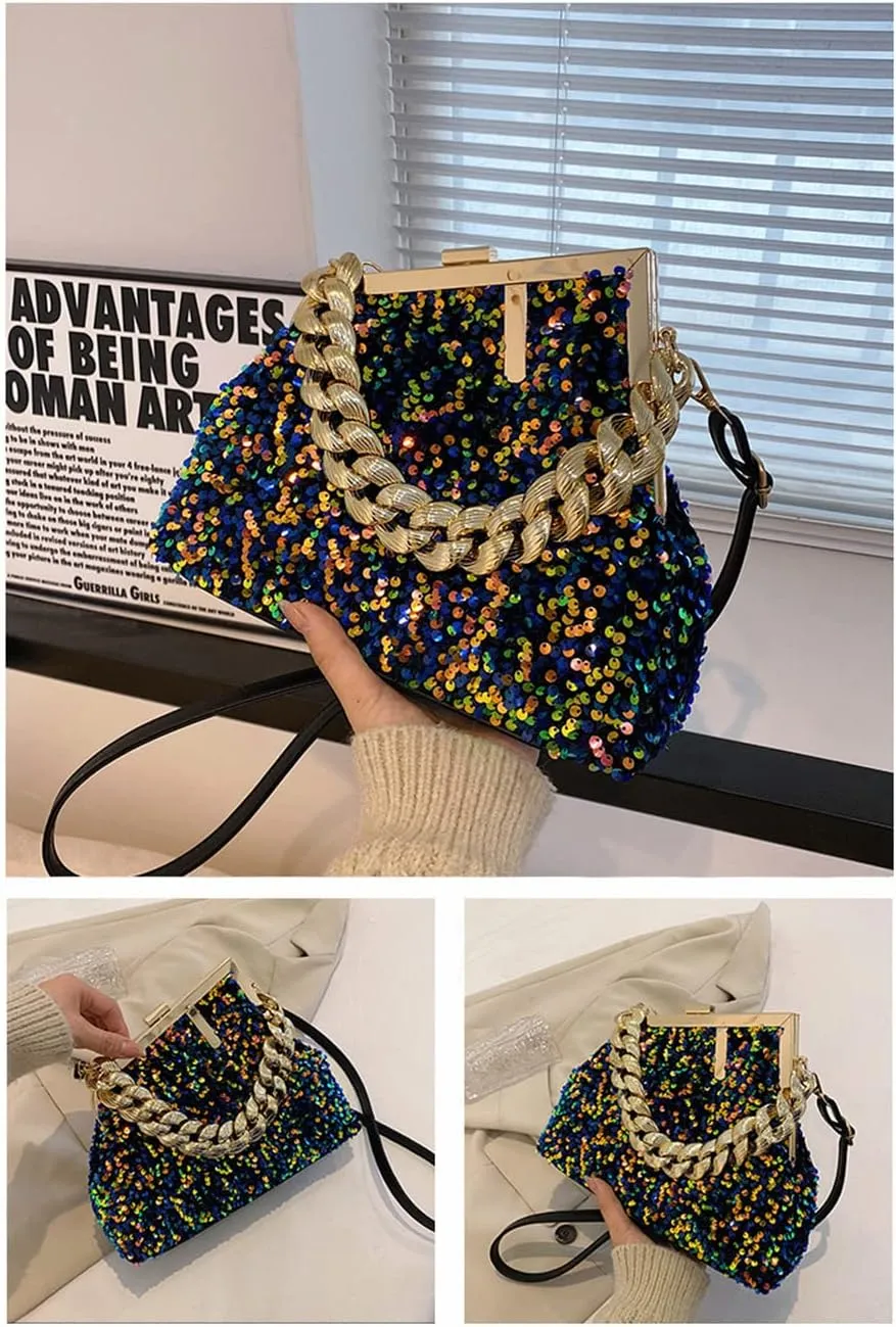 Women Sequin Evening Clutch Purse with Thick Chain Sparkly Glitter Clutch Handbag for Party Prom Wedding