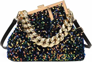 Women Sequin Evening Clutch Purse with Thick Chain Sparkly Glitter Clutch Handbag for Party Prom Wedding
