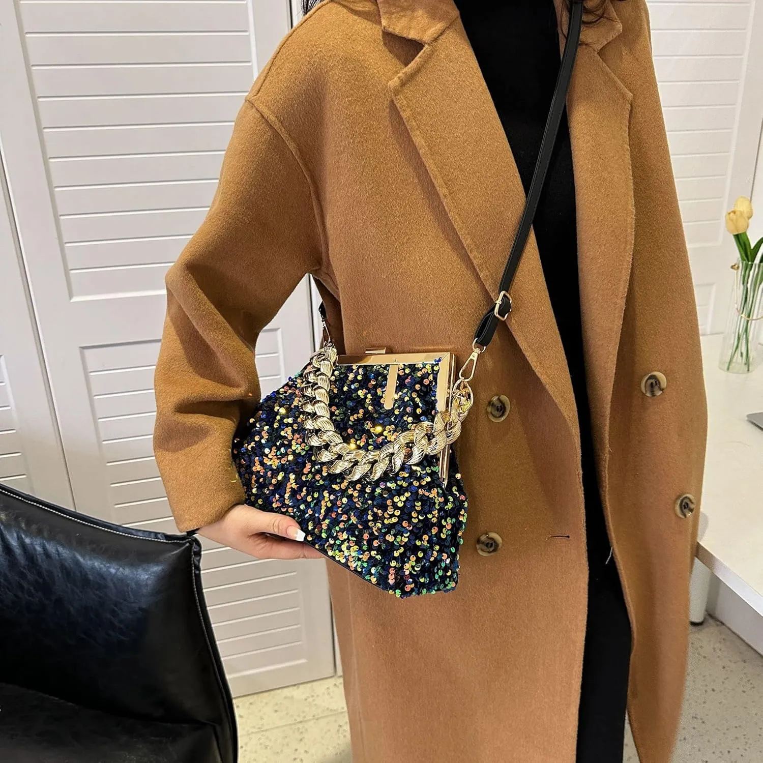 Women Sequin Evening Clutch Purse with Thick Chain Sparkly Glitter Clutch Handbag for Party Prom Wedding
