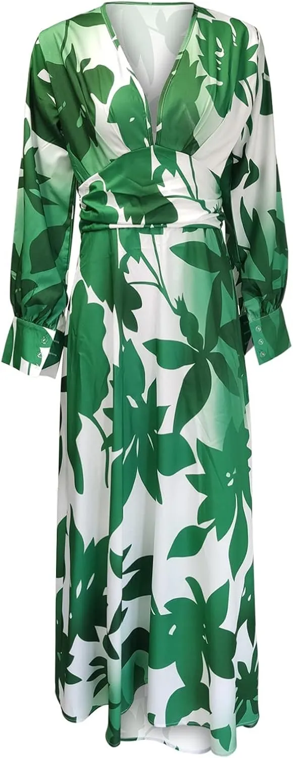 Women Spring Dresses 2025 Casual Long Sleeve V Neck Empire Waist Maxi Dresses Floral Boho Long Dress Wedding Guest Dress