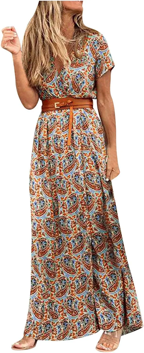 Women Summer Bohemian Floral Casual Wrap V Neck Ruffle Cap Sleeveless Belt A-Line Pleated Hem Midi Sun Dress White