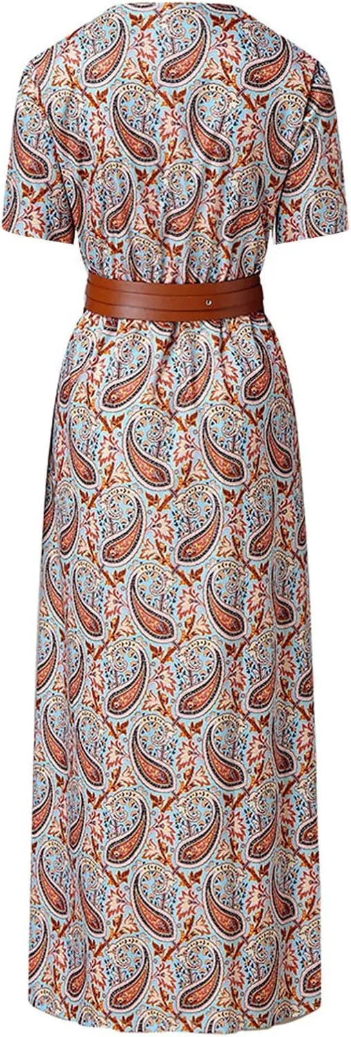 Women Summer Bohemian Floral Casual Wrap V Neck Ruffle Cap Sleeveless Belt A-Line Pleated Hem Midi Sun Dress White