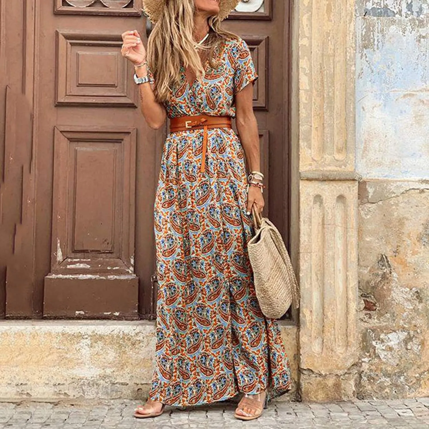 Women Summer Bohemian Floral Casual Wrap V Neck Ruffle Cap Sleeveless Belt A-Line Pleated Hem Midi Sun Dress White