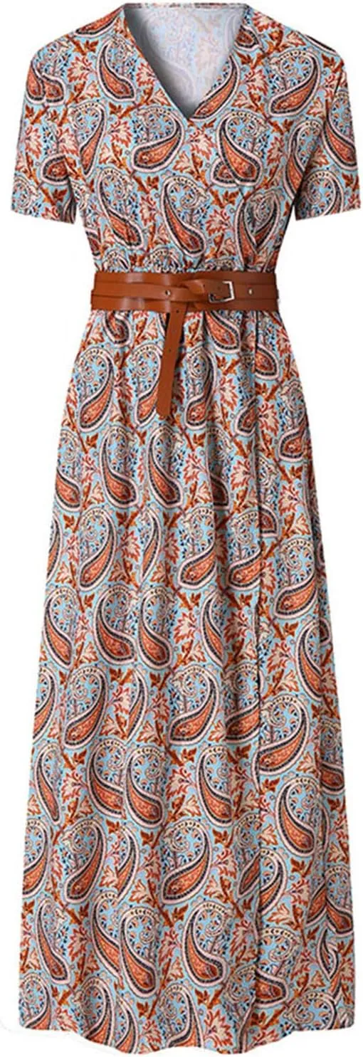 Women Summer Bohemian Floral Casual Wrap V Neck Ruffle Cap Sleeveless Belt A-Line Pleated Hem Midi Sun Dress White