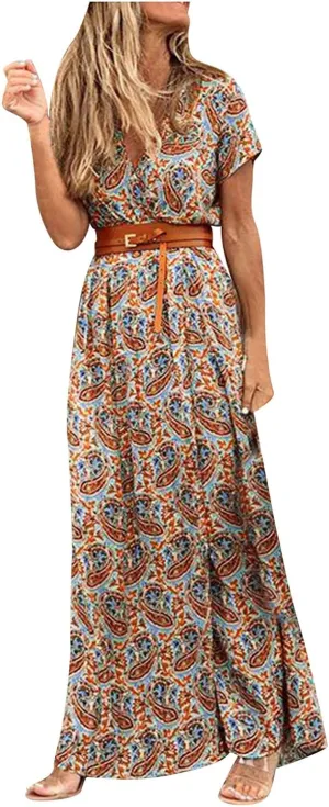 Women Summer Bohemian Floral Casual Wrap V Neck Ruffle Cap Sleeveless Belt A-Line Pleated Hem Midi Sun Dress White