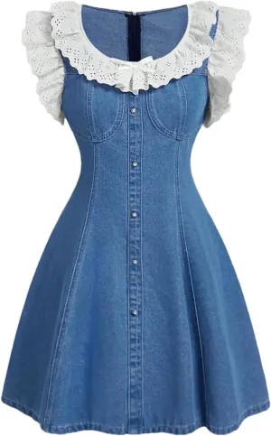 Women Summer Denim Japanese Korean Sweet Gentle Youthful Knee-Length Jeans Dress