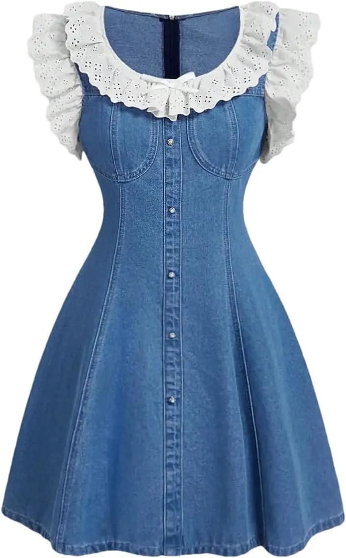 Women Summer Denim Japanese Korean Sweet Gentle Youthful Knee-Length Jeans Dress