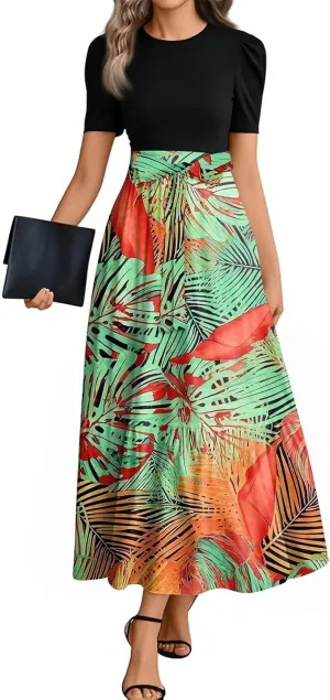 Women Summer Midi Dress- Floral Short Sleeve Patchwork Ruffle Hem Dresses Teacher Church Business Casual Work Outfits