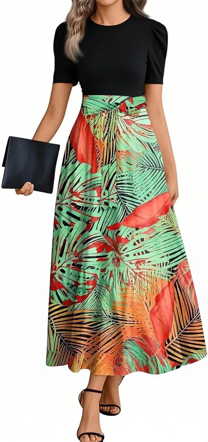 Women Summer Midi Dress- Floral Short Sleeve Patchwork Ruffle Hem Dresses Teacher Church Business Casual Work Outfits
