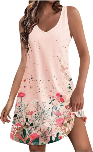 Women Summer Tank Mini Dress Sleeveless-V-Neck Floral Printed Sundress for Hawaii Beach with Side Pocket