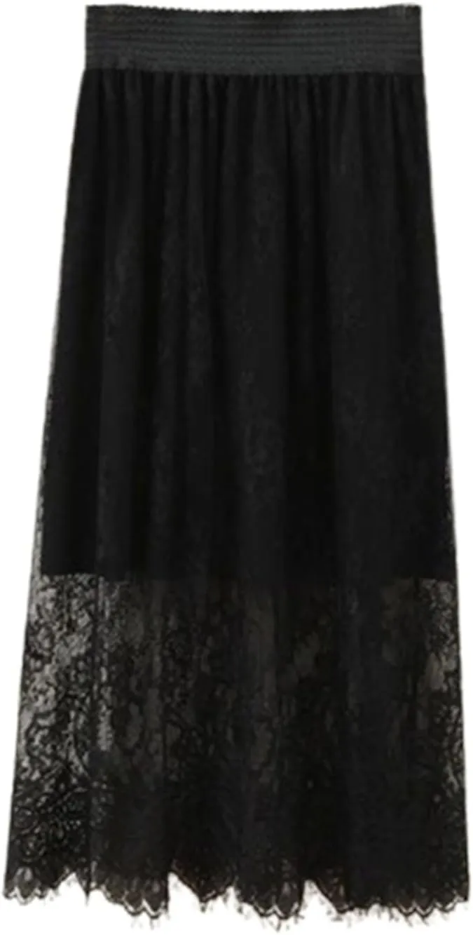 Women Y2k See Through Floral Sheer Lace Maxi Skirt Fairy A Line Flowy Cover Up Slip Skirt Sexy High Waist Streetwear