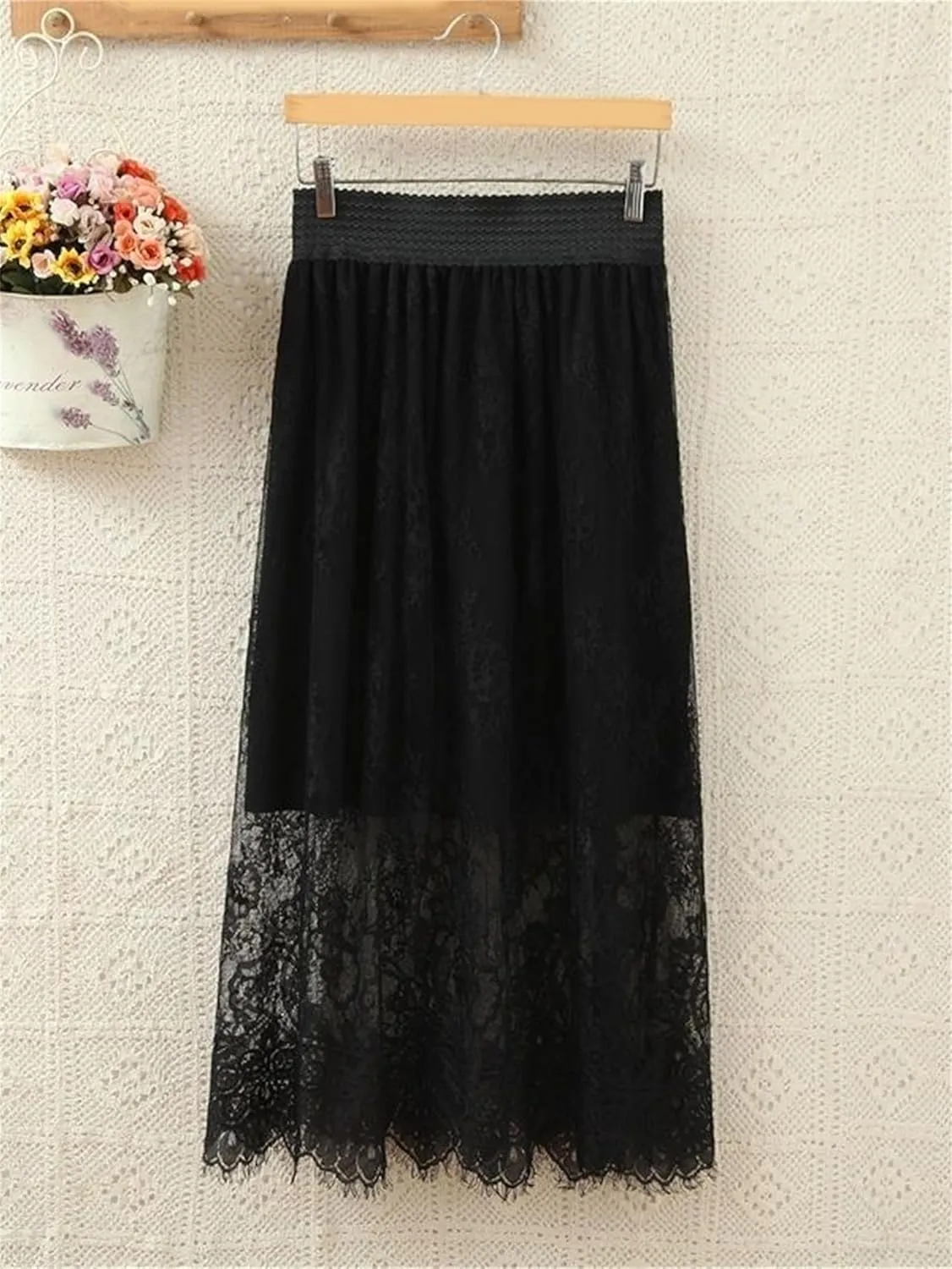Women Y2k See Through Floral Sheer Lace Maxi Skirt Fairy A Line Flowy Cover Up Slip Skirt Sexy High Waist Streetwear