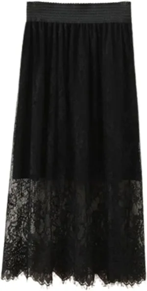 Women Y2k See Through Floral Sheer Lace Maxi Skirt Fairy A Line Flowy Cover Up Slip Skirt Sexy High Waist Streetwear