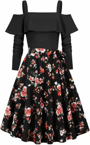 Women's 1950s Retro Vintage Rockabilly Cocktail Dress Ruffles Off Shoulder Long Sleeve Floral Print Patchwork Dresses