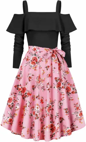 Women's 1950s Retro Vintage Rockabilly Cocktail Dress Ruffles Off Shoulder Long Sleeve Floral Print Patchwork Dresses