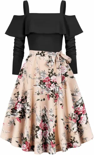 Women's 1950s Retro Vintage Rockabilly Cocktail Dress Ruffles Off Shoulder Long Sleeve Floral Print Patchwork Dresses