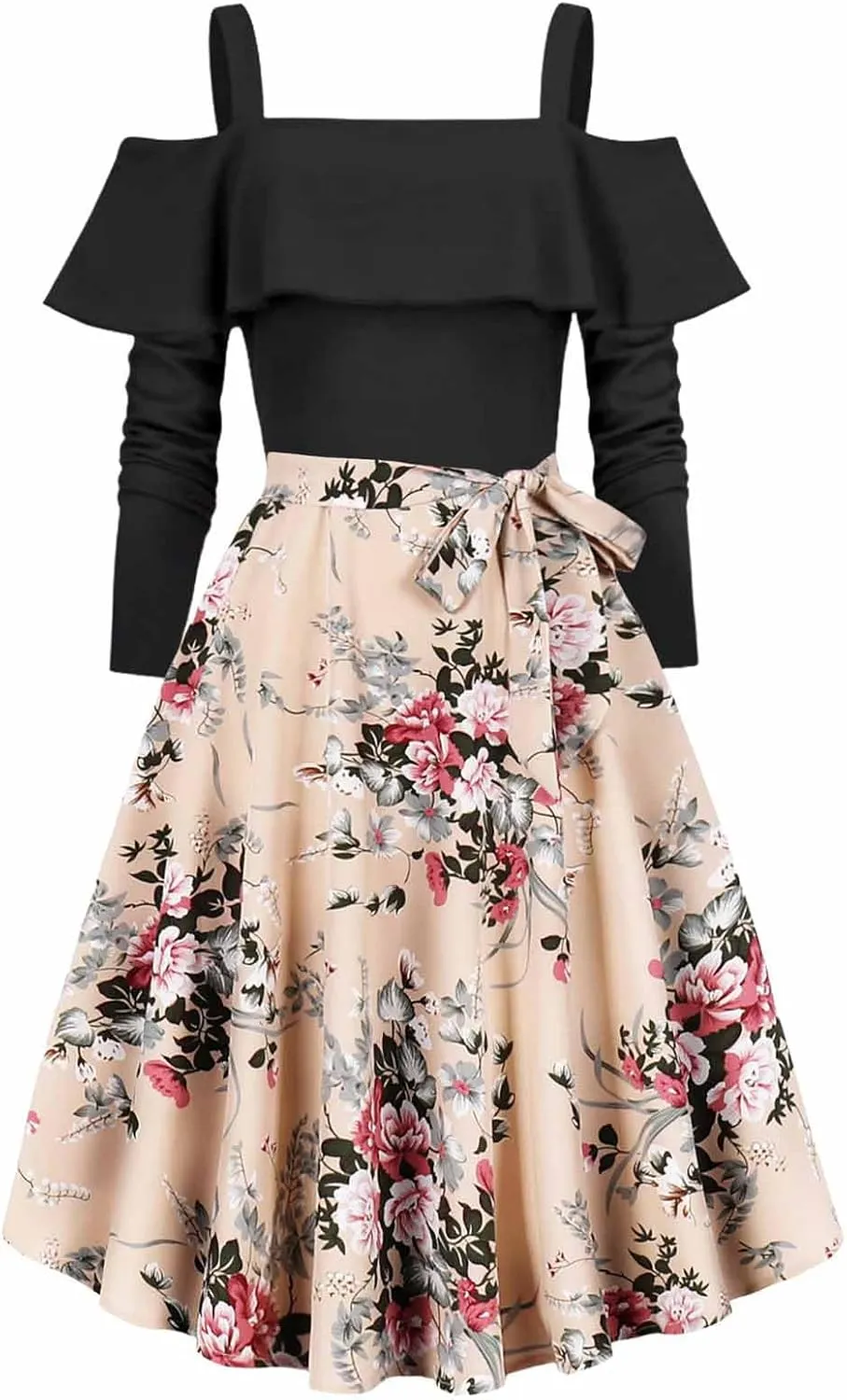 Women's 1950s Retro Vintage Rockabilly Cocktail Dress Ruffles Off Shoulder Long Sleeve Floral Print Patchwork Dresses