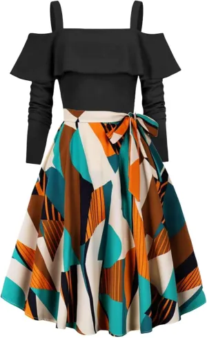 Women's 1950s Retro Vintage Rockabilly Cocktail Dress Ruffles Off Shoulder Long Sleeve Floral Print Patchwork Dresses