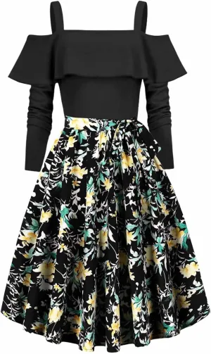 Women's 1950s Retro Vintage Rockabilly Cocktail Dress Ruffles Off Shoulder Long Sleeve Floral Print Patchwork Dresses