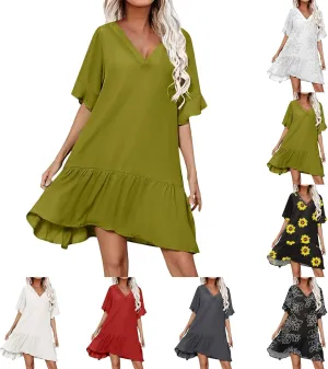 Womens 2024 Boho Loose Swing Midi Dresses Short Sleeve V Neck Ruffle Summer Dress Beach Party Sundress