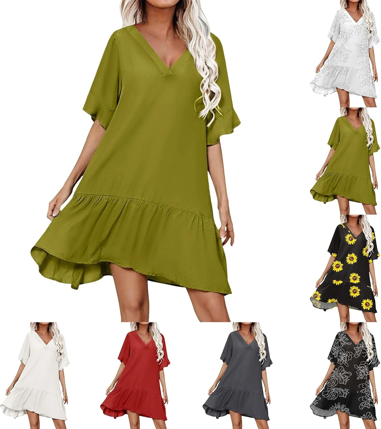 Womens 2024 Boho Loose Swing Midi Dresses Short Sleeve V Neck Ruffle Summer Dress Beach Party Sundress