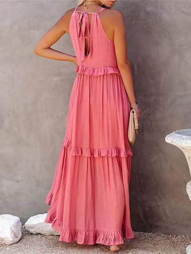Women's 2024 Summer Sleeveless Halter Maxi Maxi Dress Casual Floral Tiered Flowy Long Sundress Boho Beach Dresses