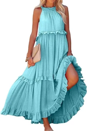 Women's 2024 Summer Sleeveless Halter Maxi Maxi Dress Casual Floral Tiered Flowy Long Sundress Boho Beach Dresses